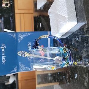 Clear Glass Cup with 1 Spoon, Lead Free Handmade Butterfly, Unique Rose